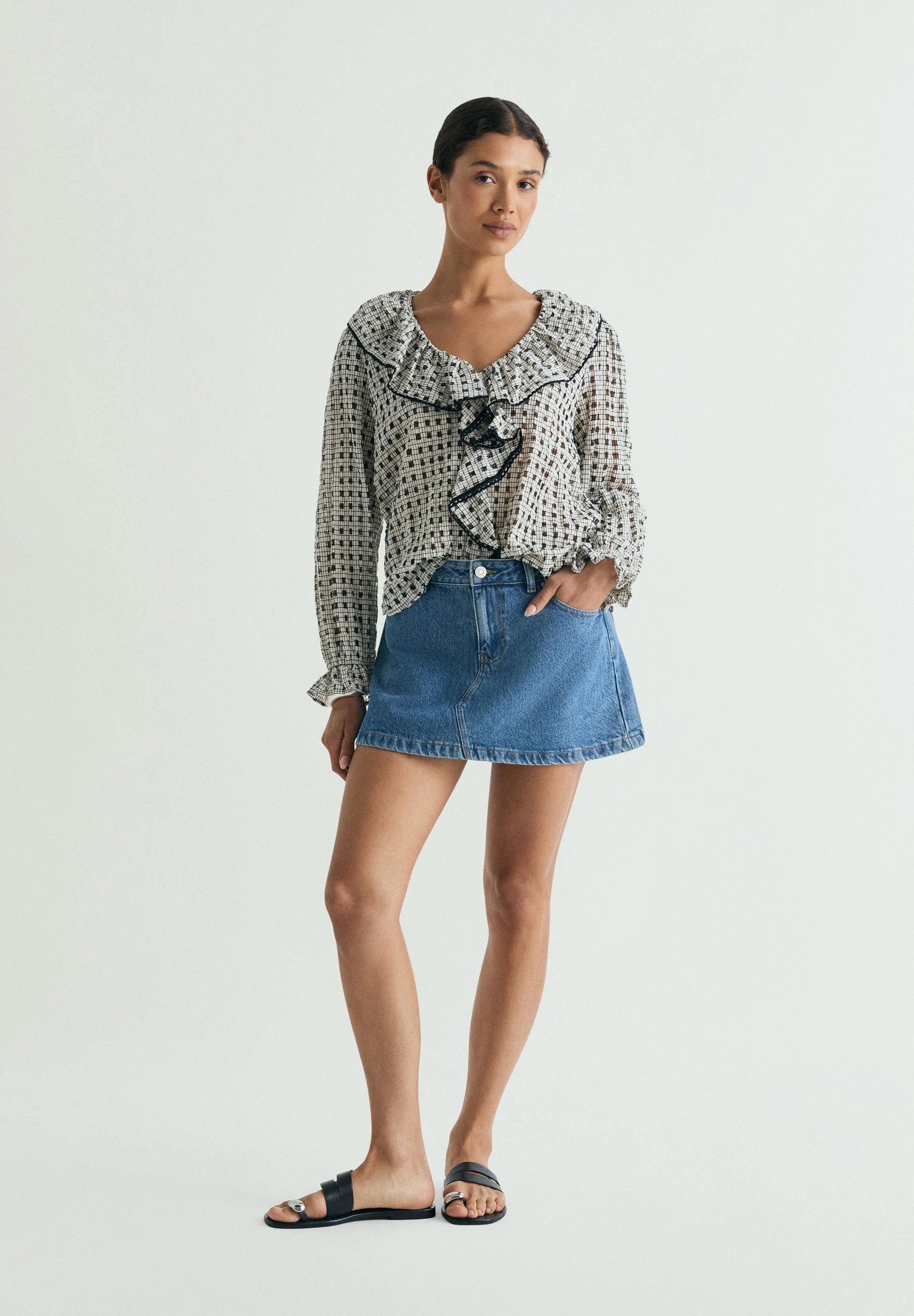 CHECK COTTON BLOUSE WITH RUFFLE - Image 2