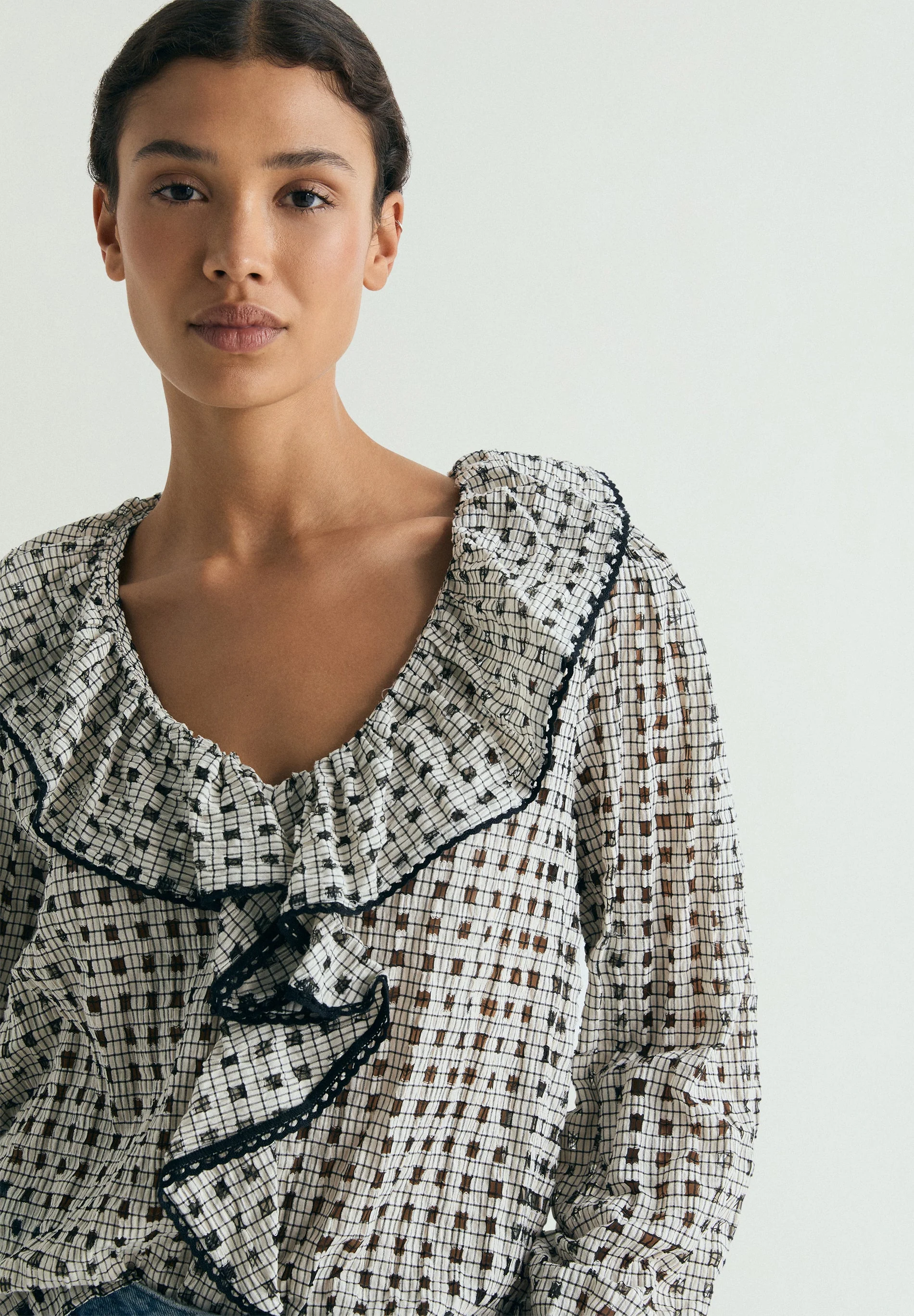 CHECK COTTON BLOUSE WITH RUFFLE - Image 3